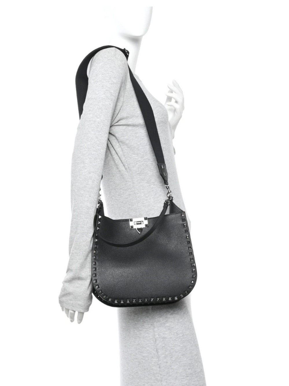 Valentino Garavani Grained Calfskin Rockstud Hobo Shoulder Bag Black - Picture 8 of 14